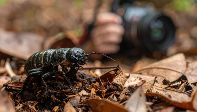Close-up of an earwig insect with twitching pincers navigating through fallen leaves, captured with a handheld camera.