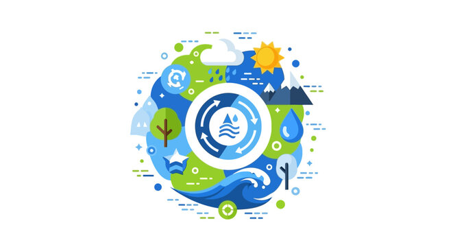 Water Cycle Vector Illustration with Earth Elements, Hydrological Process Concept for Education and Ecology