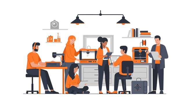 Collaborative Engineering Team Working with 3D Printers and Prototyping Equipment in a Modern Maker Space Laboratory Vector Illustration