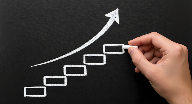 A hand drawing a staircase graph with chalk on a blackboard, symbolizing business growth, career development, success, and progress