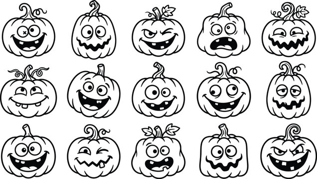 Collection of quirky halloween pumpkin faces hand drawn line art vector elements with halloween