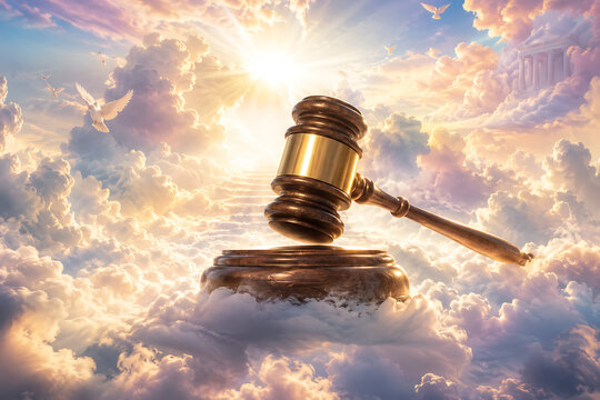 Golden judge gavel floating above luminous heavenly clouds with white doves, radiant sunlight, symbolic justice, divine judgment, peace, and spiritual law concept in sky vision