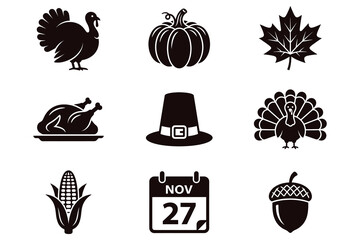Thanksgiving holiday icons set featuring turkey, pumpkin, maple leaf, roasted chicken, pilgrim hat, corn, calendar, and acorn © Vector Classic 