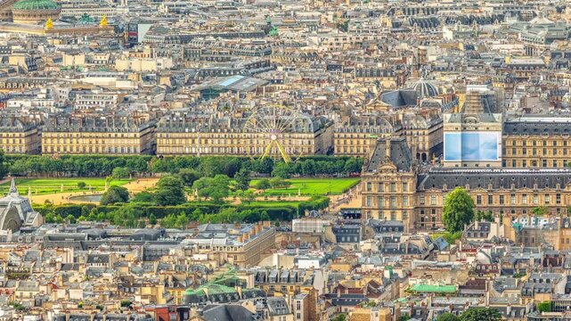 Aerial panorama of the long Louvre Museum palace Famous landmark of Paris with Paris skyline and its historical buildings with typical french architecture roofs.