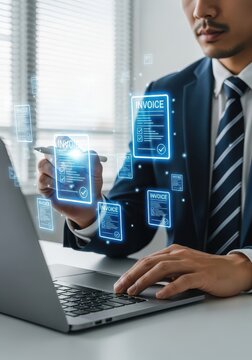 Businessman Managing Digital Invoices and Online Billing System on Laptop in Modern Office Environment