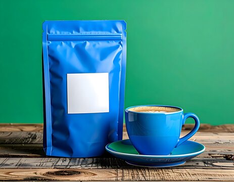 Blue Coffee Pouch and Latte on Wooden Table