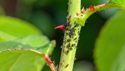 Fototapeta premium Dense Colony of Aphids Clustered on a Thorny Green Plant Stem, Exhibiting Rapid Infestation