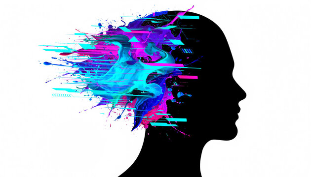 Conceptual illustration of a human head silhouette with dynamic colorful abstract paint splashes and digital glitch elements symbolizing creative thought and technological intelligence
