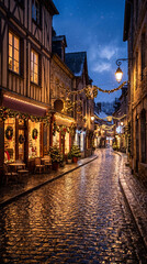 Naklejka premium Charming European old town street decorated for Christmas, glowing festive lights, cozy cafés, gentle snowfall, cobblestone pavement reflecting warm lights, magical evening atmosphere, realistic trave