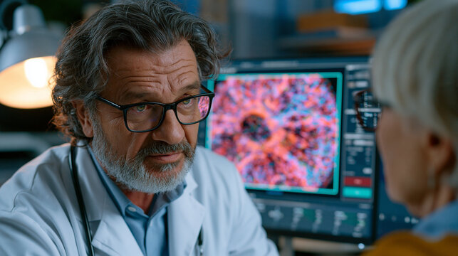 Ophthalmologist presenting AI retina screening analysis to middle-aged patient in darkened examination suite, fundus image with diabetic retinopathy grading overlay displayed on clinical monitor, wa