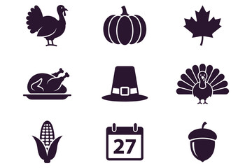 Thanksgiving holiday icons set with turkey, pumpkin, maple leaf, corn, calendar, hat, and acorn on white background © Vector Classic 