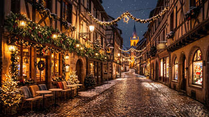 Fototapeta premium Charming European old town street decorated for Christmas, glowing festive lights, cozy cafés, gentle snowfall, cobblestone pavement reflecting warm lights, magical evening atmosphere, realistic trave