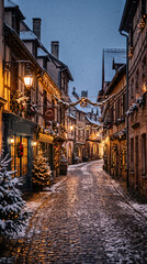 Fototapeta premium Charming European old town street decorated for Christmas, glowing festive lights, cozy cafés, gentle snowfall, cobblestone pavement reflecting warm lights, magical evening atmosphere, realistic trave