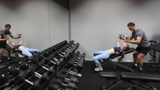 Athletic woman working out her chest muscles with a dumbbell bench press while a male personal trainer assists her with proper form in a modern gym with a large mirror and dumbbell rack