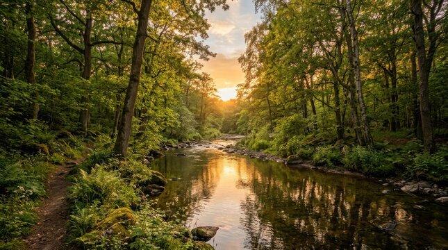 Beautiful golden sunset sun rays shining through green trees in a peaceful forest with a small calm river reflection