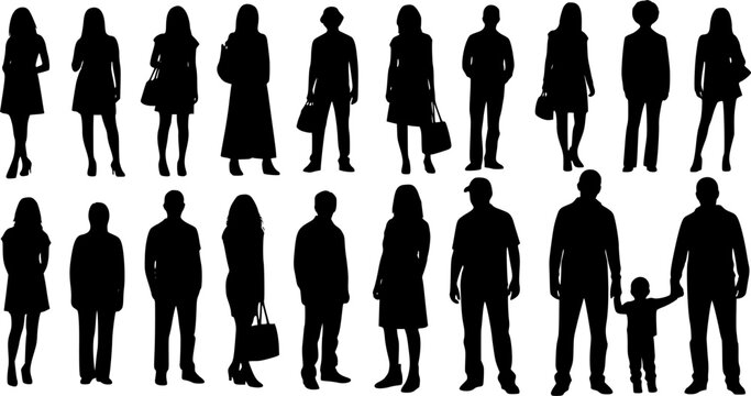 Vector silhouettes men and women, illustration. Silhouettes of people posing in casual clothes. Transparent background EPS version.