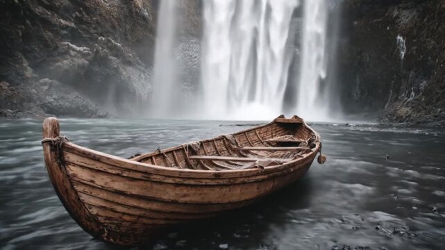 Ancient wooden rowboat floats peacefully on calm water with a powerful waterfall cascading down rocky cliffs in a serene natural landscape.