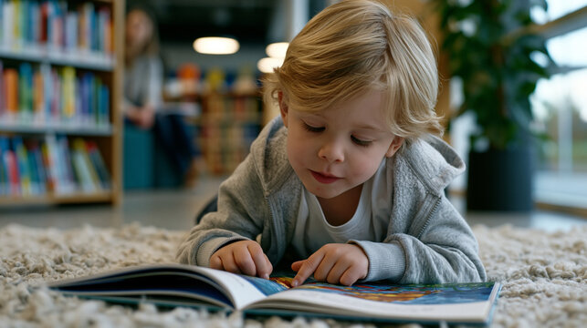 Small boy in minimalist library corner mouthing each syllable of first picture book independently, fingertip tracing beneath each word with intense concentration, librarian watching proudly from dis