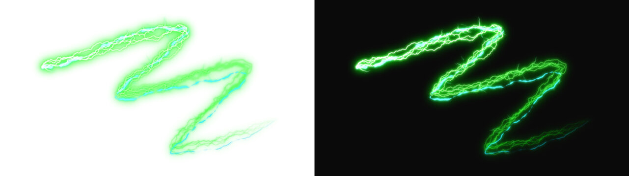 PNG image of A bright neon green electric lightning bolt with glowing plasma textures and sharp jagged edges captured on transparent background