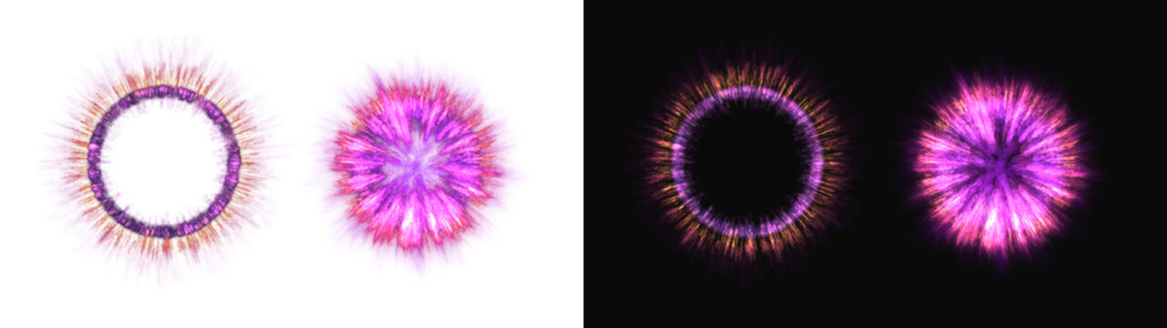 PNG image of Vibrant purple and orange circular energy rings featuring glowing particle explosions and radiant light spikes on transparent background