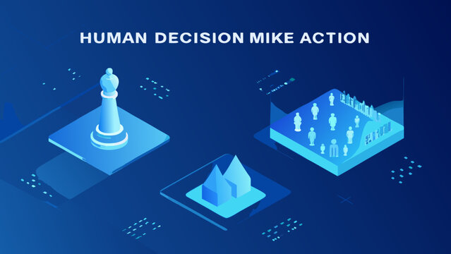 Isometric Flowchart Depicting Human Decision Making With Chess Piece And Group Figures Blue Tones algorithm analytical assessment gradient
