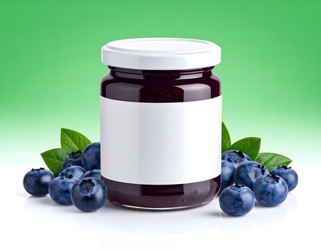Blueberry Jam Jar with Blank Label and Fresh Berries