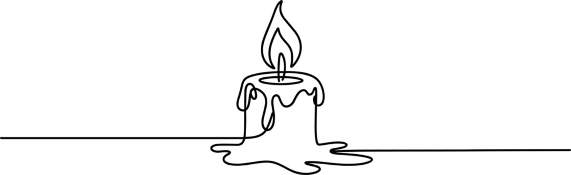 Continuous line art burning candle with dripping wax, minimalist memory flame memorial vector illustration design