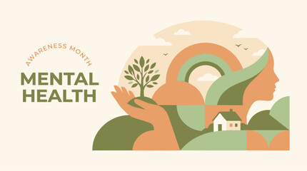 Naklejka premium Mental health awareness month vector illustration with human silhouette and nature elements for emotional wellness concept World Mental Health Day