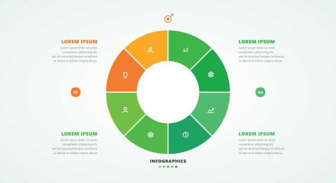 Circular business infographic diagram template with eight colorful segments and icons for process workflow options layout and data visualization presentation slides