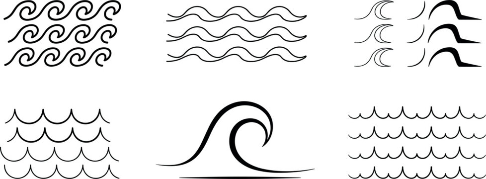 Sea ocean wave line art icon set, line doodle water splash curling ripple vector illustration elements