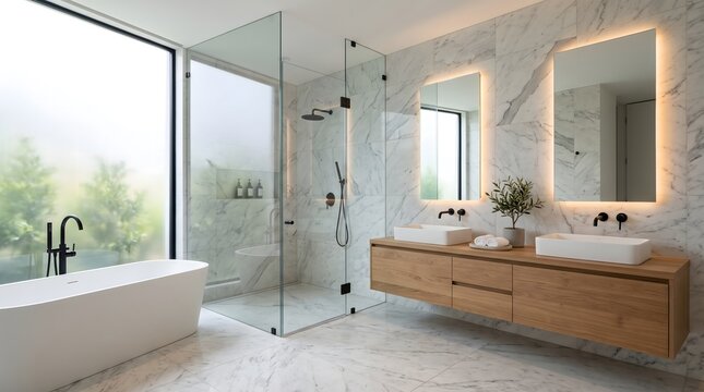 Spacious contemporary bathroom highlighting floating wooden vanity with double sinks backlit mirrors marble floors and glass walk in shower next to sleek oval bathtub by large bright window.