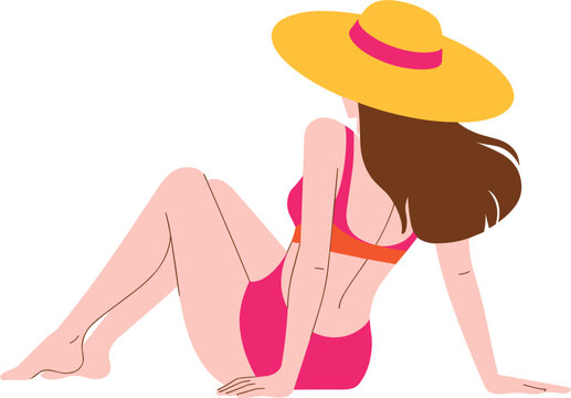 Woman sitting and sunbathing in straw hat, summer beach vacation character flat vector illustration concept