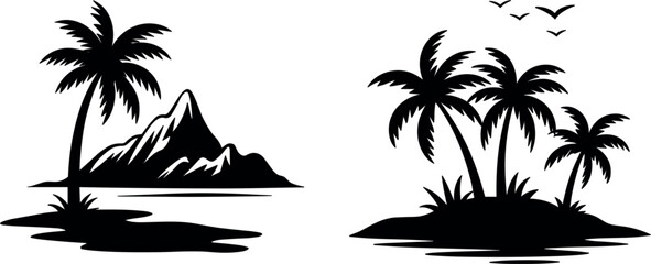 Tropical island silhouette icon set with palm tree, mountain beach vacation landscape vector illustration element © Arif