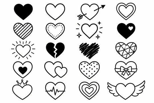 Set of black pixel art heart icons for retro video game design and digital media projects
