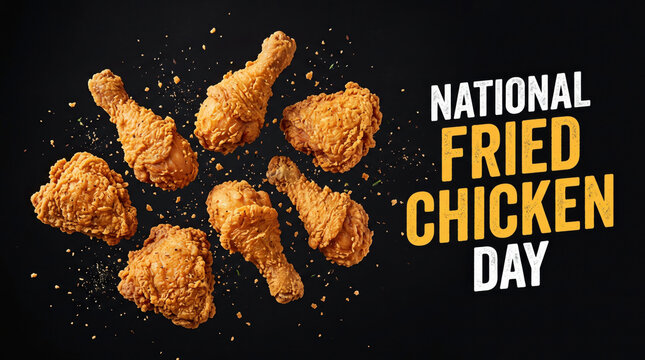 Golden fried chicken pieces on dark background for national fried chicken day