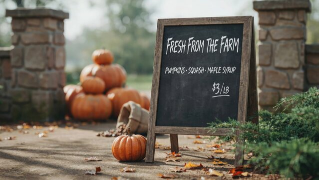 Autumn harvest display with chalkboard sign