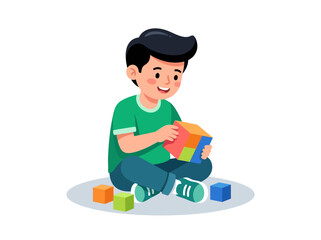Happy Boy Playing with Colorful Building Blocks Flat Vector Illustration © Quneza