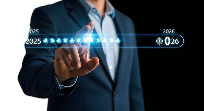 Businessman touching a digital interface showing a progress bar from 2025 to 2026