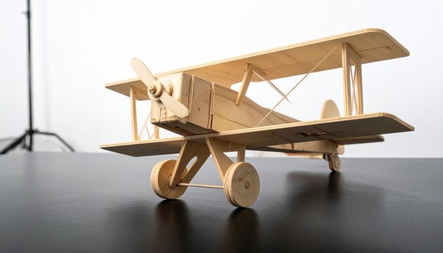 Intricately Crafted Wooden Model Biplane Aircraft on Display