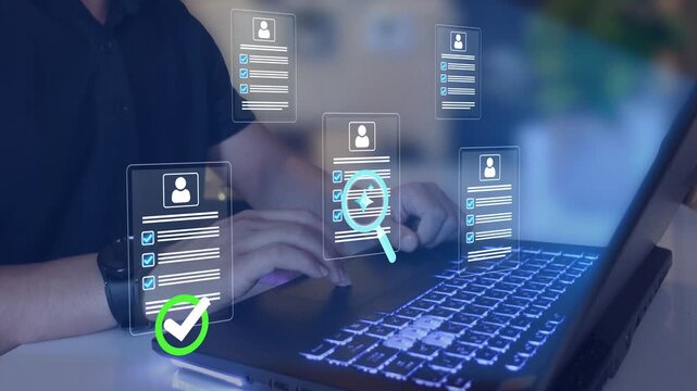 Automated resume screening and candidate evaluation using AI.  AI recruitment system for smart hiring, human resources management technology and automation in business