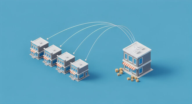 Isometric illustration of a central warehouse distributing goods to multiple retail store locations on a blue background
