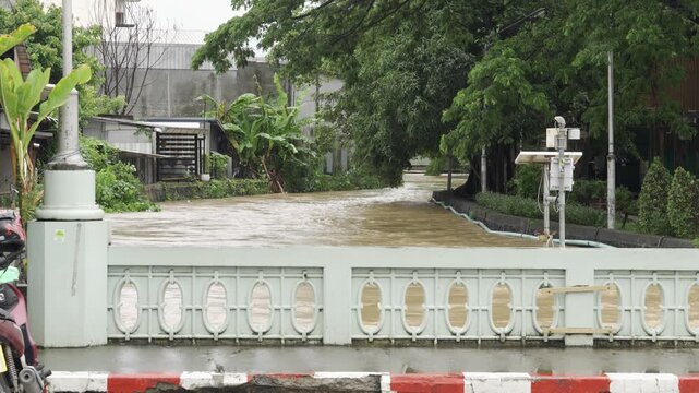 view of highest level of water flooded in canal over the bothside of canel's bankside while water flowing through phuket city old town after heavy raining