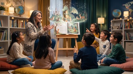 Obraz premium A diverse group of children captivated by enchanting storytelling and vivid imagination, as a narrator projects a magical tale from a book