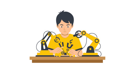 Naklejka premium Young Boy Building Robotics with Mechanical Arms - STEM Education and Future Engineering Concept Vector Illustration