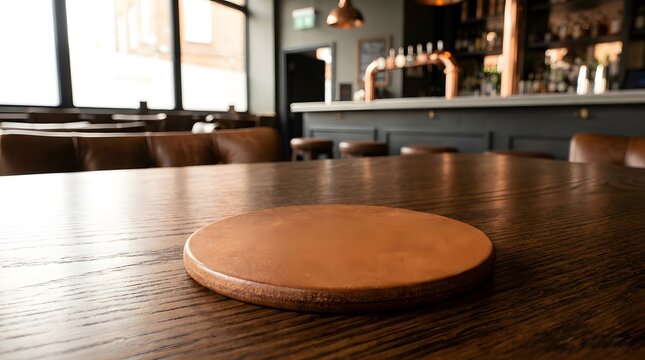 Empty leather coaster on a dark oak table for International Beer Day.