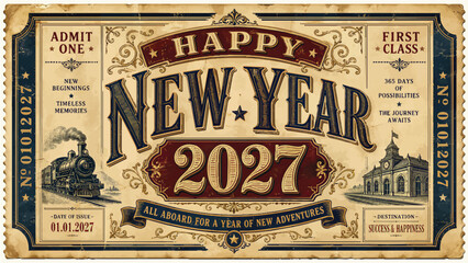 Happy New Year 2027 Vintage Poster, Steam Train, Railway, Fireworks Retro New Year 2027 Vector, Classic Locomotive, Holiday Celebration Vintage Happy New Year 2027 Illustration, Railway Travel © Kashifziabhatti