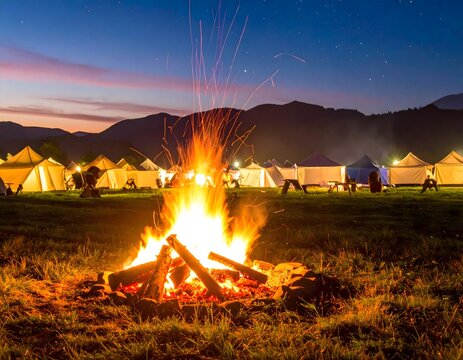Bonfire at a Night Campsite Under Starry Sky