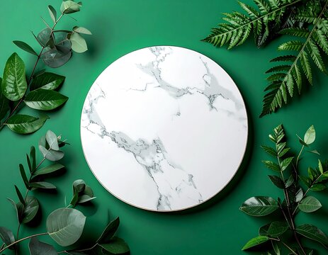 Botanical Flat Lay with Marble Display on Green