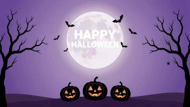 Halloween night scene with pumpkins and bats