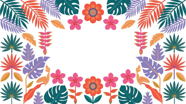 Vibrant Tropical Floral Frame with Exotic Leaves and Flowers.